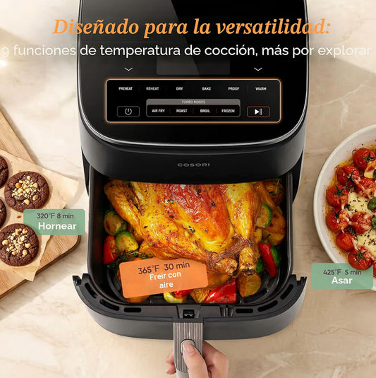 Freidora de aire TurboBlaze 9 en 1 de 6 Qt, revestimiento cerámico premium, 90°–450°F, calefacción precisa para resultados uniformes, freír al aire, asar, hornear, a la parrilla, secarSi