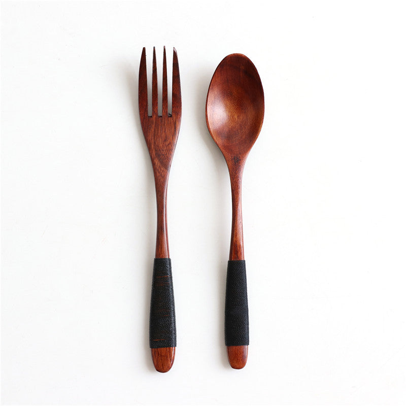 Juego de cuchara y tenedor de madera con mango ondulado