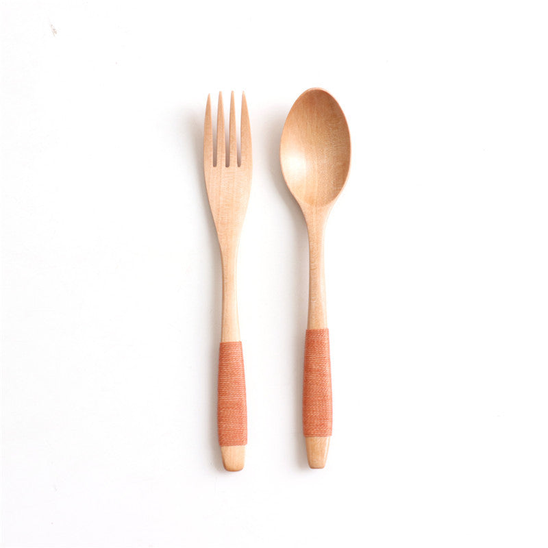 Juego de cuchara y tenedor de madera con mango ondulado