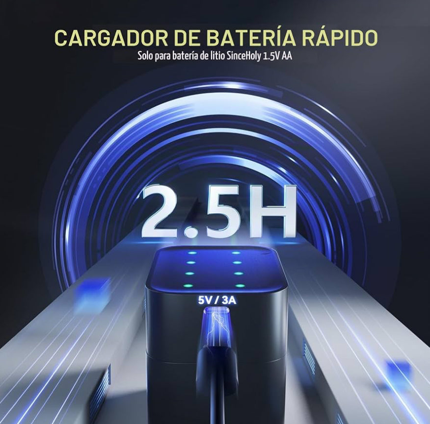 Paquete de 8 pilas recargables de litio AA con cargador rápido, pilas doble A de 1.5V de alta potencia 3600mWh, pilas AA recargables de iones de litio con más de 2000 ciclos de carga