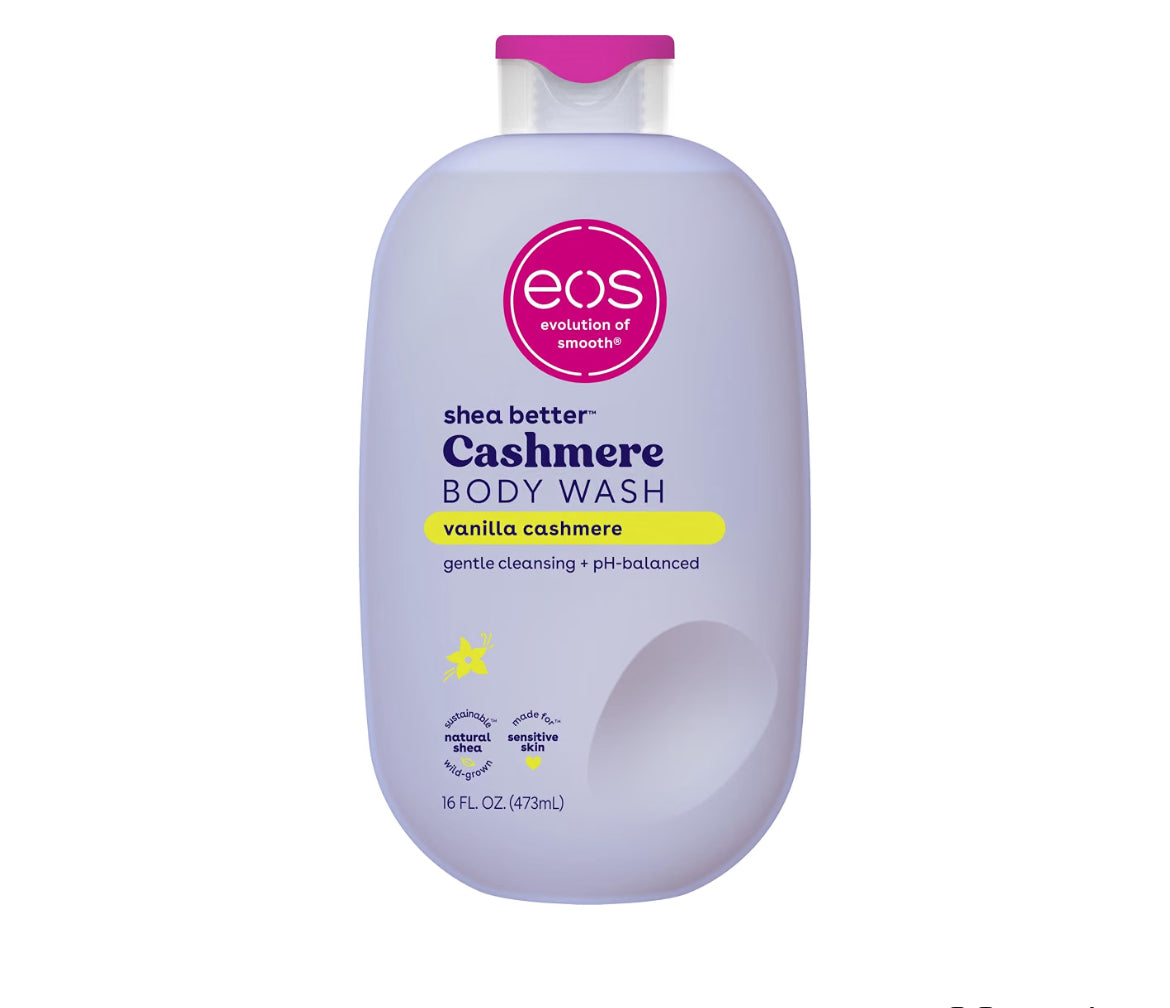 eos Shea Better Gel de Ducha de Cachemira, Vainilla Cachemira, Hidratante, Gel de Ducha con pH Equilibrado, Fórmula de Gel Cremoso, Sin Parabenos y Ftalatos, Piel Sensible, 16 fl oz