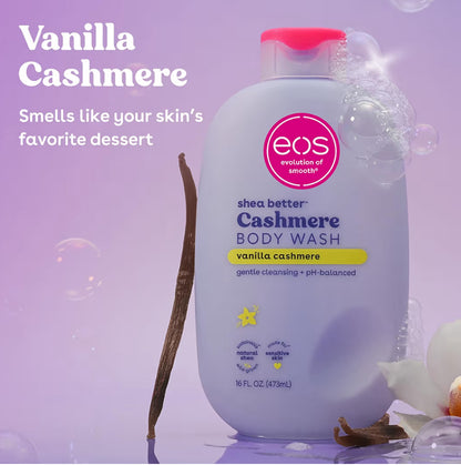 eos Shea Better Gel de Ducha de Cachemira, Vainilla Cachemira, Hidratante, Gel de Ducha con pH Equilibrado, Fórmula de Gel Cremoso, Sin Parabenos y Ftalatos, Piel Sensible, 16 fl oz