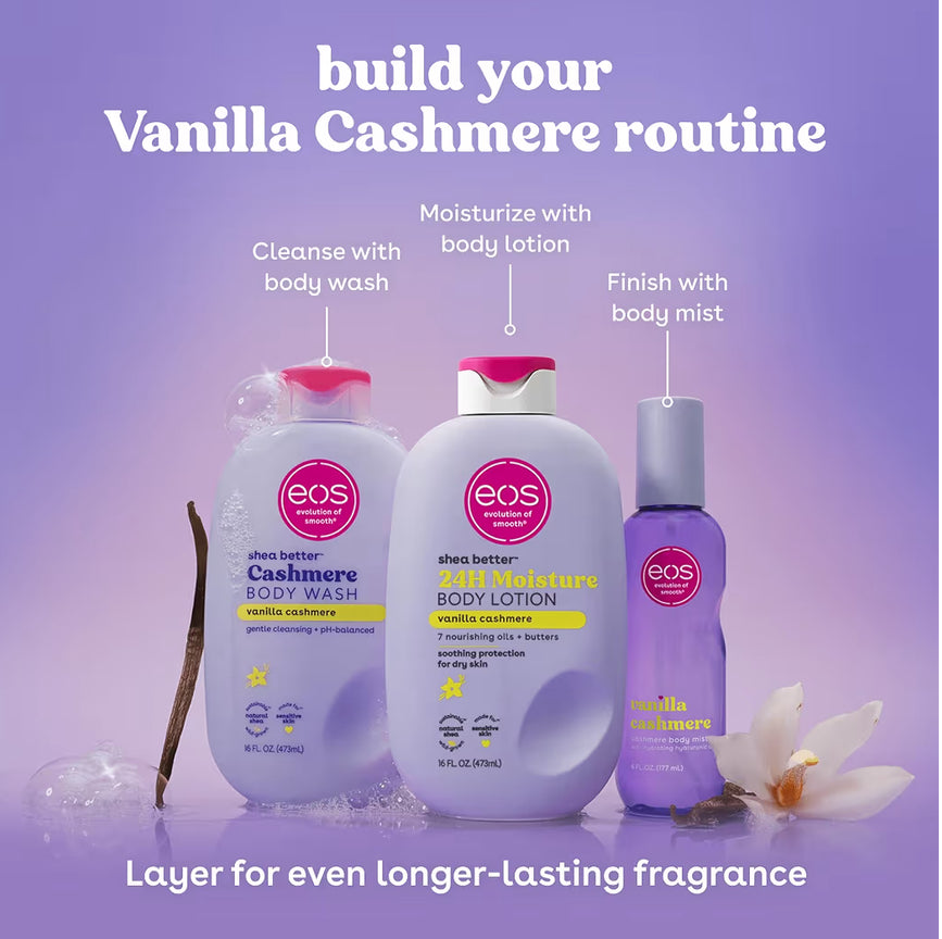 eos Shea Better Gel de Ducha de Cachemira, Vainilla Cachemira, Hidratante, Gel de Ducha con pH Equilibrado, Fórmula de Gel Cremoso, Sin Parabenos y Ftalatos, Piel Sensible, 16 fl oz