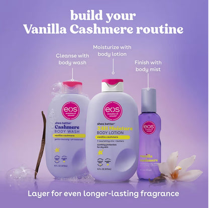 eos Shea Better Gel de Ducha de Cachemira, Vainilla Cachemira, Hidratante, Gel de Ducha con pH Equilibrado, Fórmula de Gel Cremoso, Sin Parabenos y Ftalatos, Piel Sensible, 16 fl oz