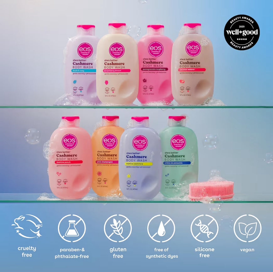 eos Shea Better Gel de Ducha de Cachemira, Vainilla Cachemira, Hidratante, Gel de Ducha con pH Equilibrado, Fórmula de Gel Cremoso, Sin Parabenos y Ftalatos, Piel Sensible, 16 fl oz