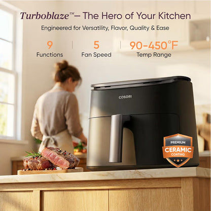 Freidora de aire TurboBlaze 9 en 1 de 6 Qt, revestimiento cerámico premium, 90°–450°F, calefacción precisa para resultados uniformes, freír al aire, asar, hornear, a la parrilla, secarSi