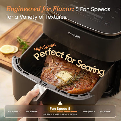 Freidora de aire TurboBlaze 9 en 1 de 6 Qt, revestimiento cerámico premium, 90°–450°F, calefacción precisa para resultados uniformes, freír al aire, asar, hornear, a la parrilla, secarSi