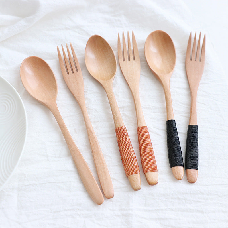 Juego de cuchara y tenedor de madera con mango ondulado