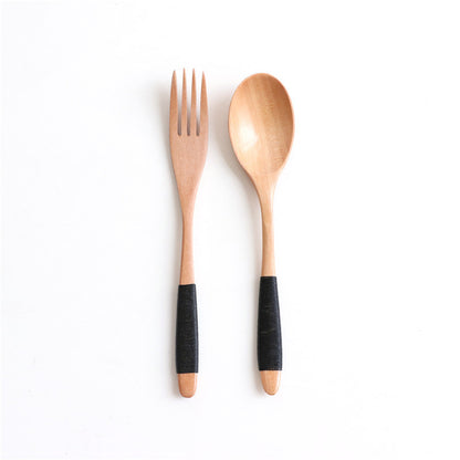 Juego de cuchara y tenedor de madera con mango ondulado